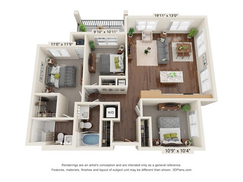Floor plan for 3 beds, 2 baths, 1144 sqft